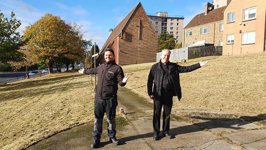 Estate Staff Supervisor Chris Wilson and Friar Gerald Byrne standing in the church grounds