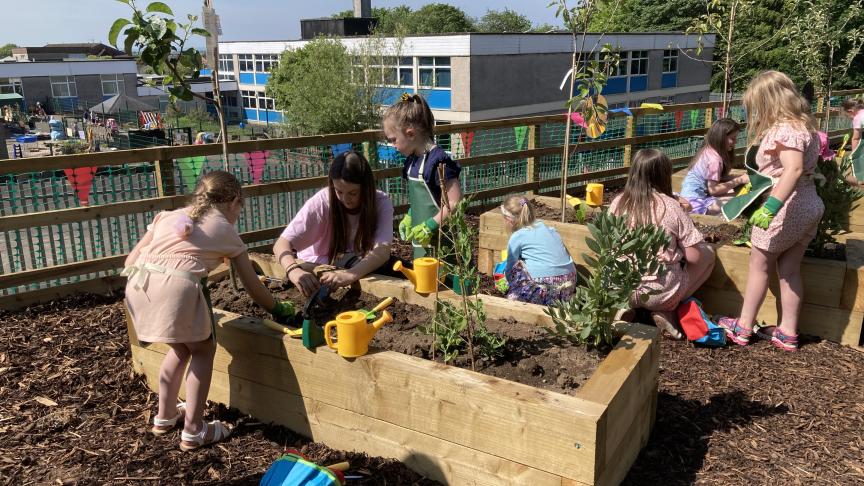 A photograph of children playing in the outdoor classroom, overlooking a school playground