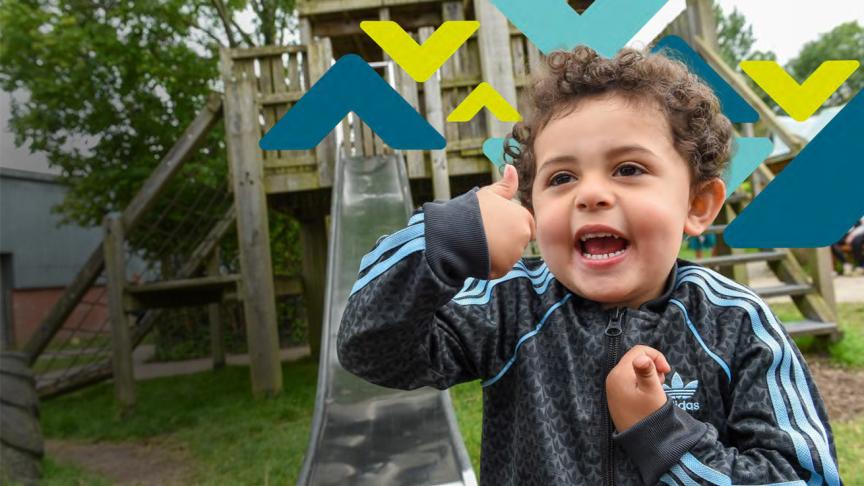 Child in Adidas jacket gives thumbs-up in front of playground slide, with colourful geometric shapes overlaid.