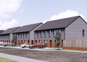 CGI depicting what the affordable homes will look like at Braehead "Row of modern two-story suburban houses with dark gray and red brickwork, pitched roofs, and multiple windows. Cars are parked along the street, and small trees line the grassy area between the sidewalk and road. A wooden fence encloses part of one property under a partly cloudy sky.