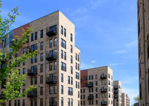 Modern mid-rise apartment buildings with light brick facades and black metal balconies line a residential development under a bright blue sky. Green leafy shrubs fill the foreground, while multiple contemporary buildings create a courtyard-like streetscape in the background.